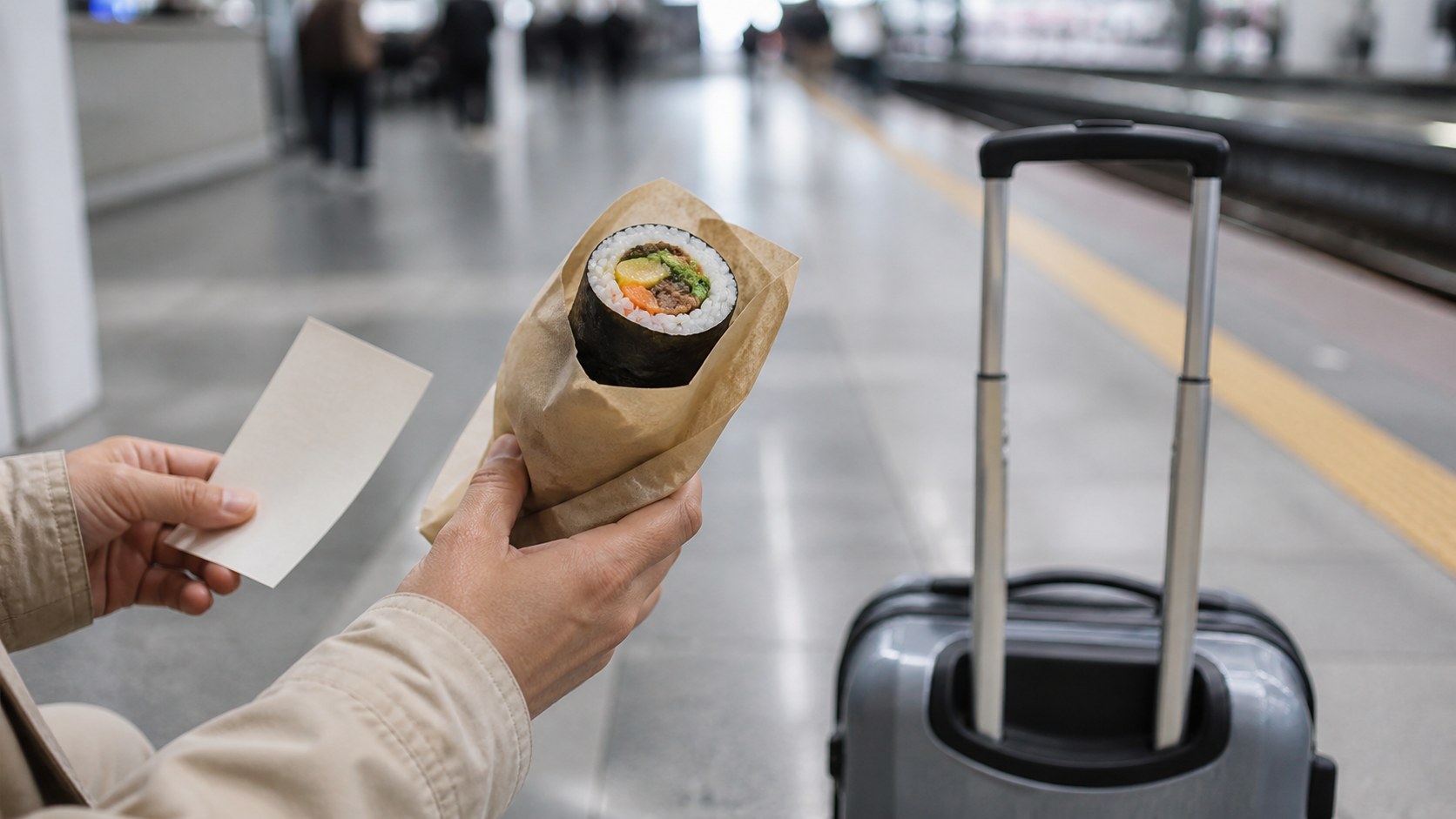 기차를 기다리며 김밥을 든 여행객의 손을 표현한 생성형 AI 편집 이미지