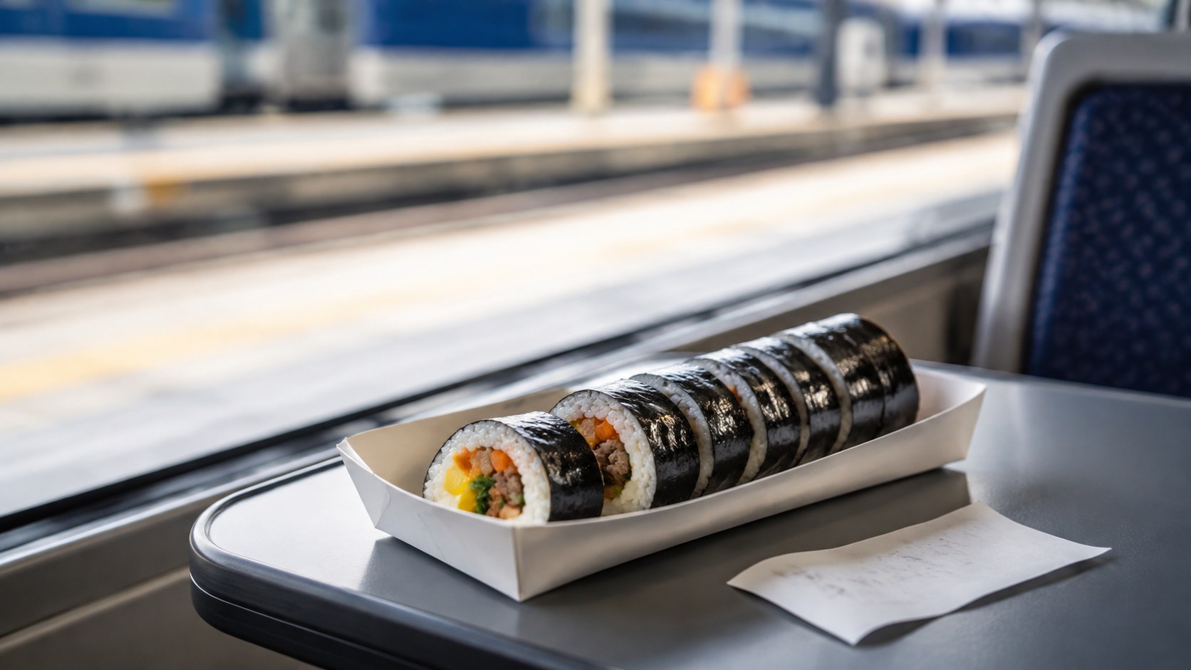 기차역 좌석 테이블에 놓인 김밥을 표현한 생성형 AI 편집 이미지
