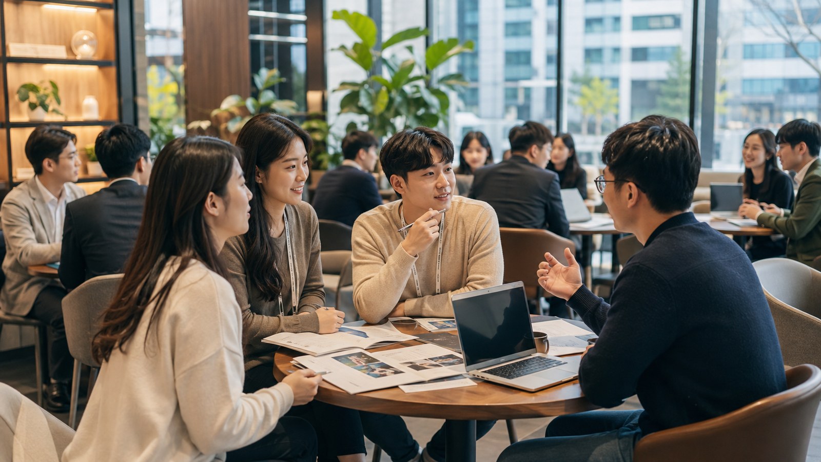 채용 상담 라운지에서 지원자와 현직자가 대화하는 모습을 표현한 AI 편집 이미지