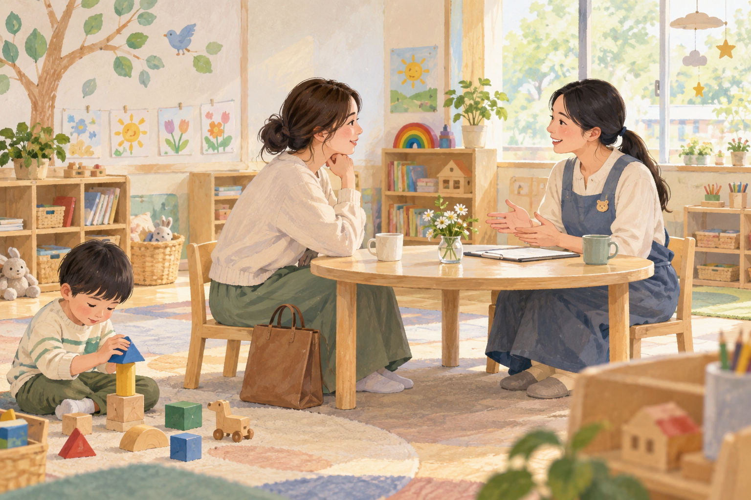 교실에서 상담하는 가상의 보호자와 교사 — AI 생성 편집 일러스트
