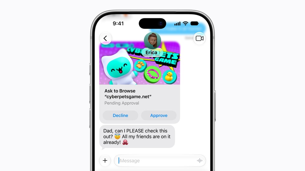 자녀의 웹사이트 접근을 부모에게 요청하는 Apple 브라우징 요청 예시