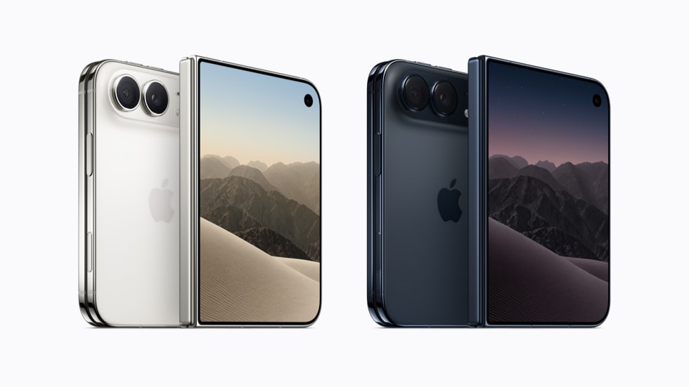 접힌 아이폰 Duo의 앞뒷면, 스타 화이트와 나이트 스카이 색상. Apple 제공.