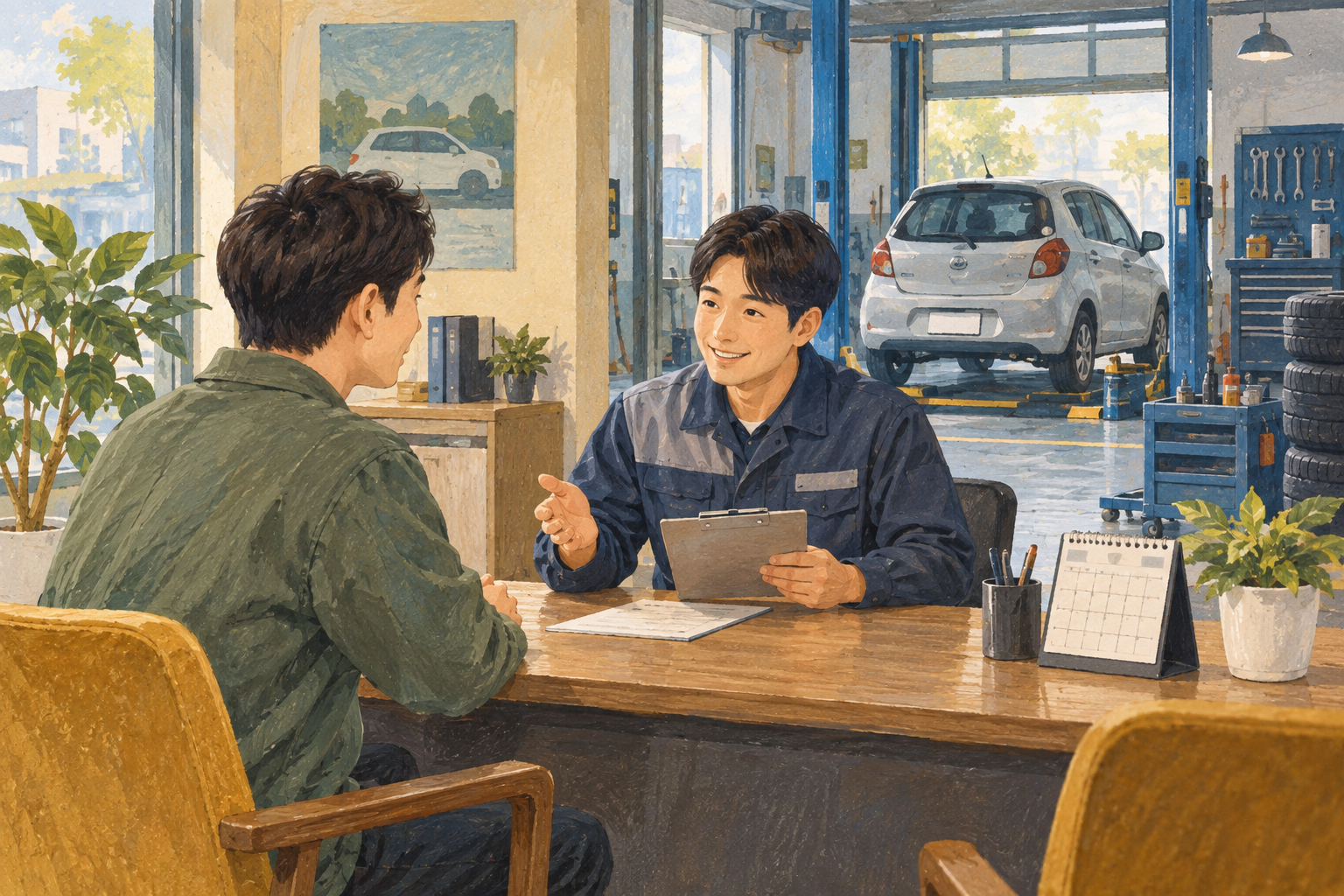 AI로 생성한 와이드이슈 편집 일러스트: 서비스센터에서 정비 상담을 하는 운전자