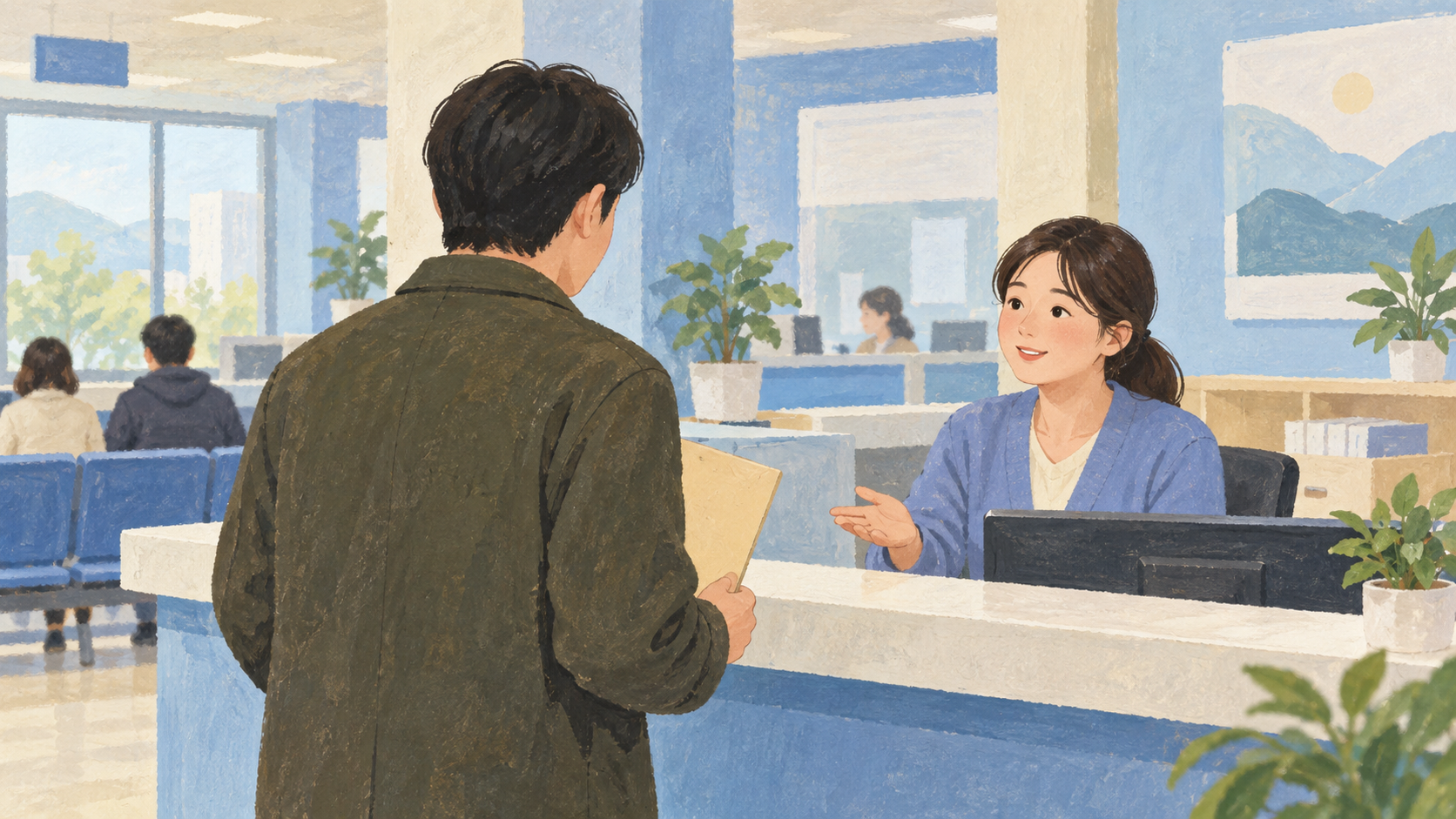AI로 생성한 와이드이슈 편집 일러스트: 일반적인 민원 창구에서 서류를 확인하는 모습